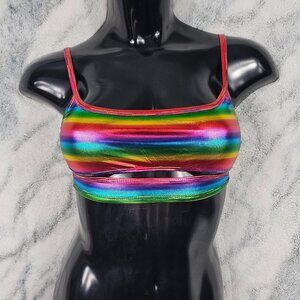 Dolls Kill Club Exx XS Rainbow Cropped Bra Top Cutout Metallic RAINBOW THREAD